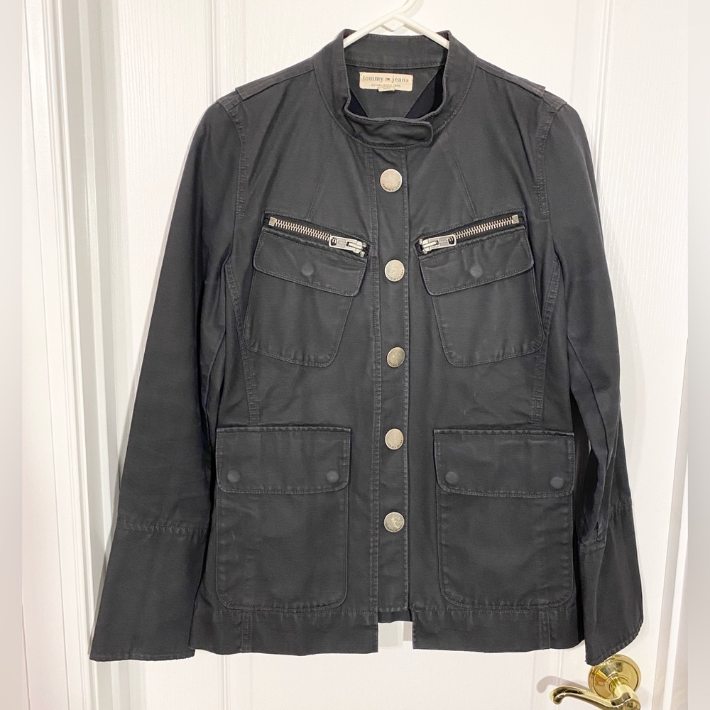 Y2K VTG Tommy Jeans Moto Utility Jacket Black Canvas Size Large